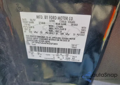 2007 Ford F150 Supercrew z USA, uszkodzony, nr VIN 1FTPW14V47KD27203